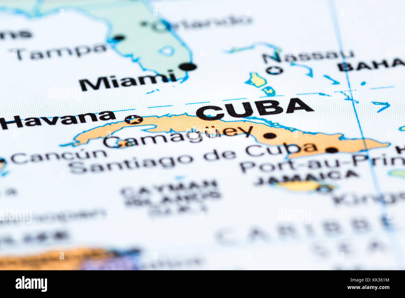 close up of a world map with Cuba in focus Stock Photo