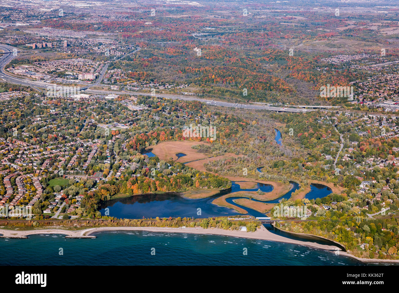 An aerial view of the Rouge River in the Rouge National Urban Park at Lake Ontario. Stock Photo
