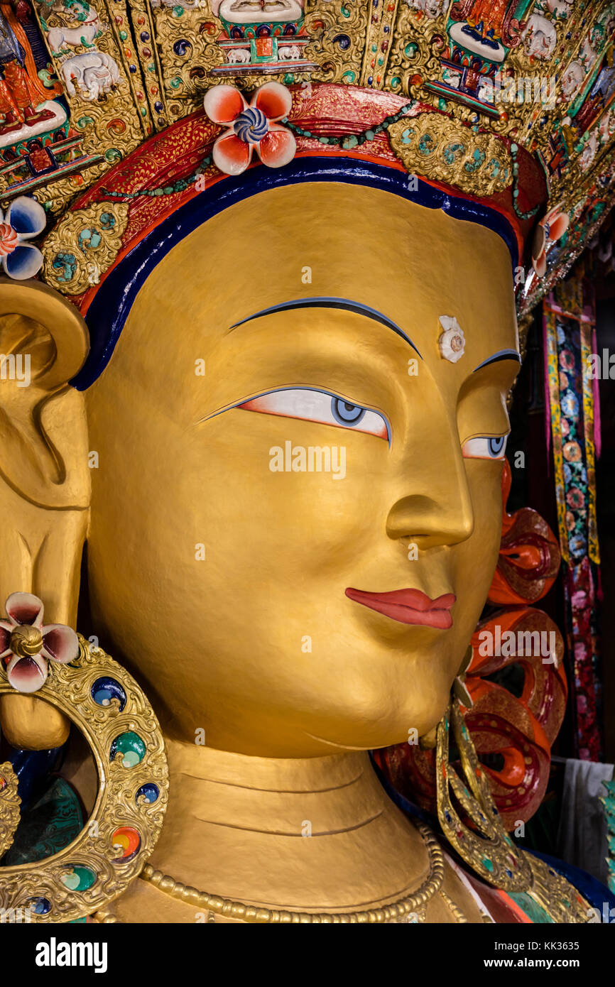 A statue of the MAITREYA BUDDHA at THIKSE MONASTERY was built in 1970 - LEH VALLEY, LADAKH Stock Photo