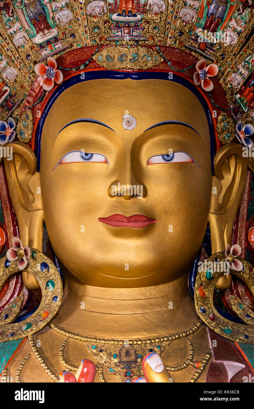 A statue of the MAITREYA BUDDHA at THIKSE MONASTERY was built in 1970 - LEH VALLEY, LADAKH Stock Photo