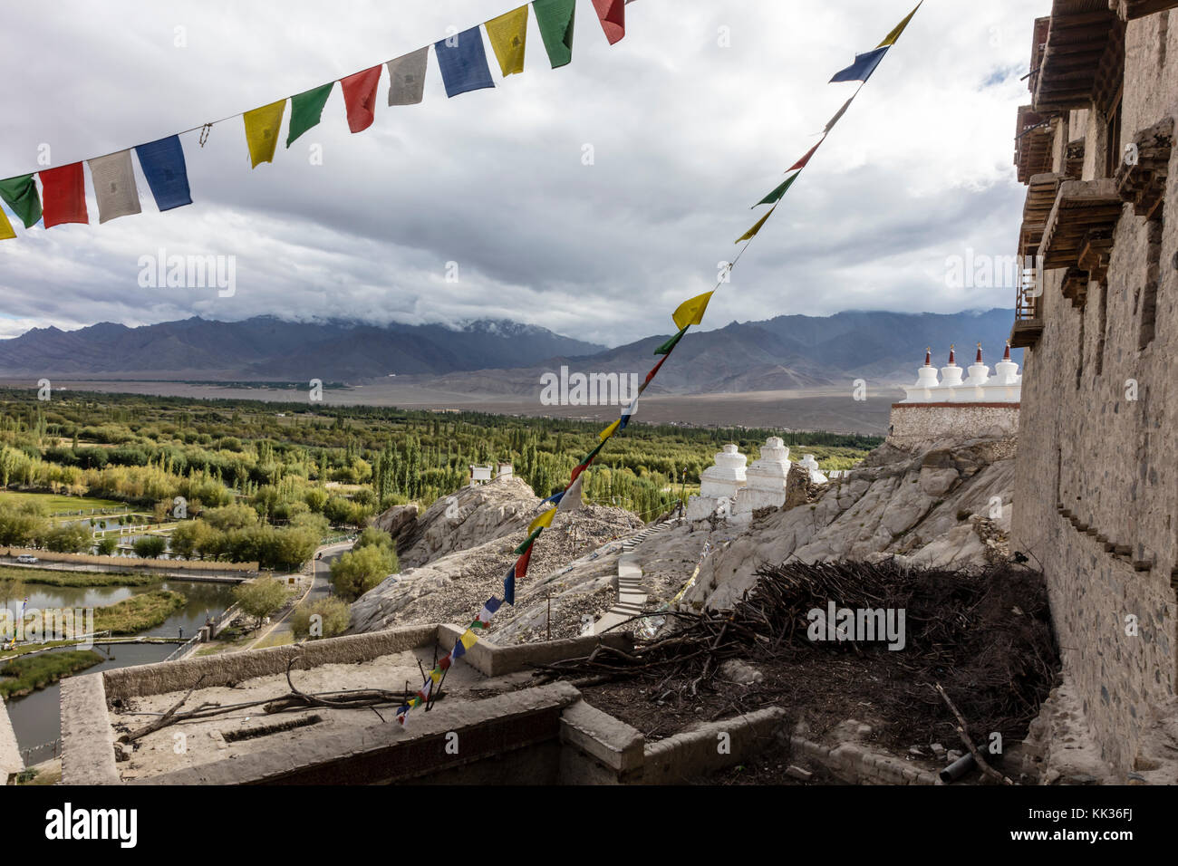 A view of the LEH VALLEY with prayer flags from SHEY GOMPA - LEH VALLEY, LADAKH Stock Photo