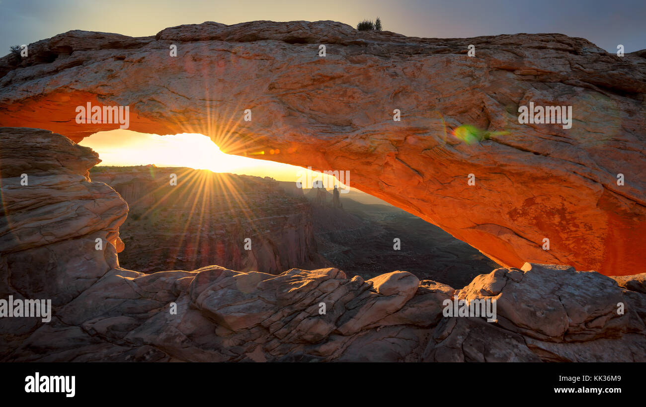 Famous Mesa Arch at sunrise, Utah Stock Photo