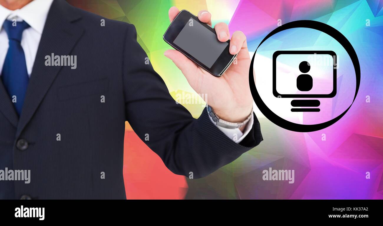 Digital composite of Computer profile icon and man holding phone Stock ...