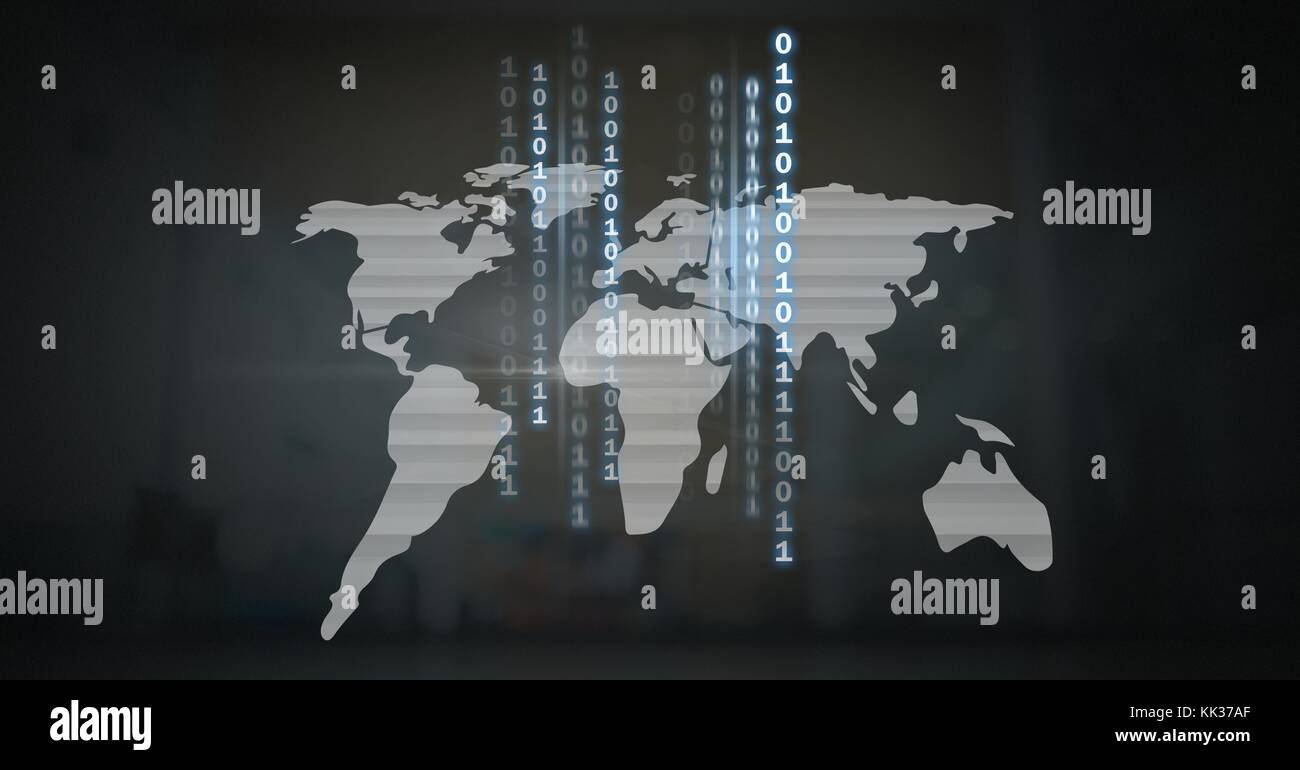 Digital composite of World map with binary code lines Stock Photo - Alamy
