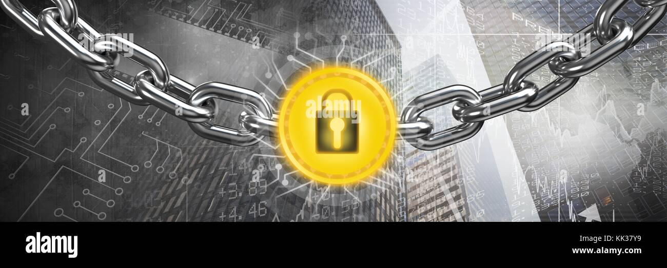 Digital composite of Chain holding security lock graphic icon in city ...