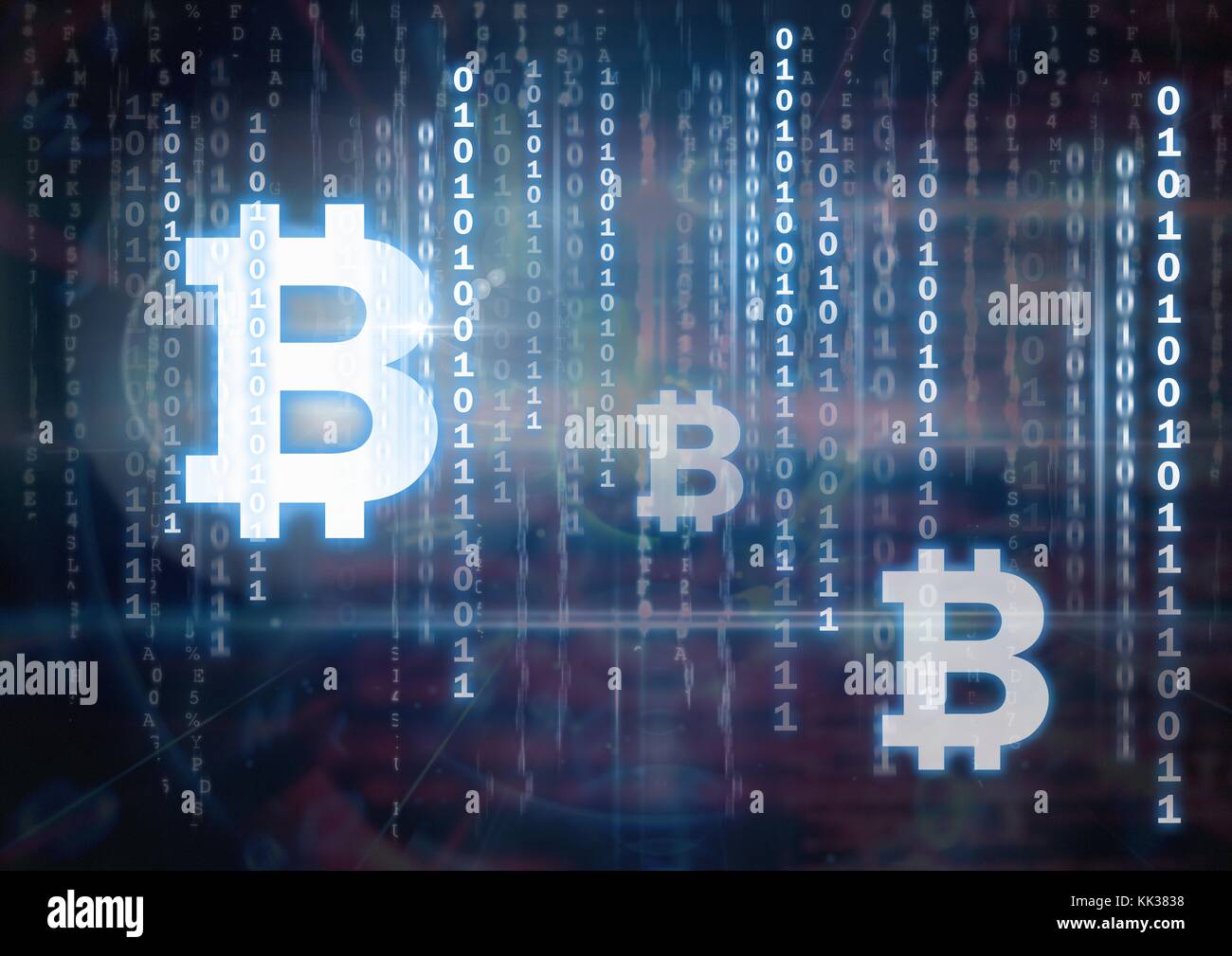 Digital composite of bitcoin graphic icons and binary code lines Stock ...