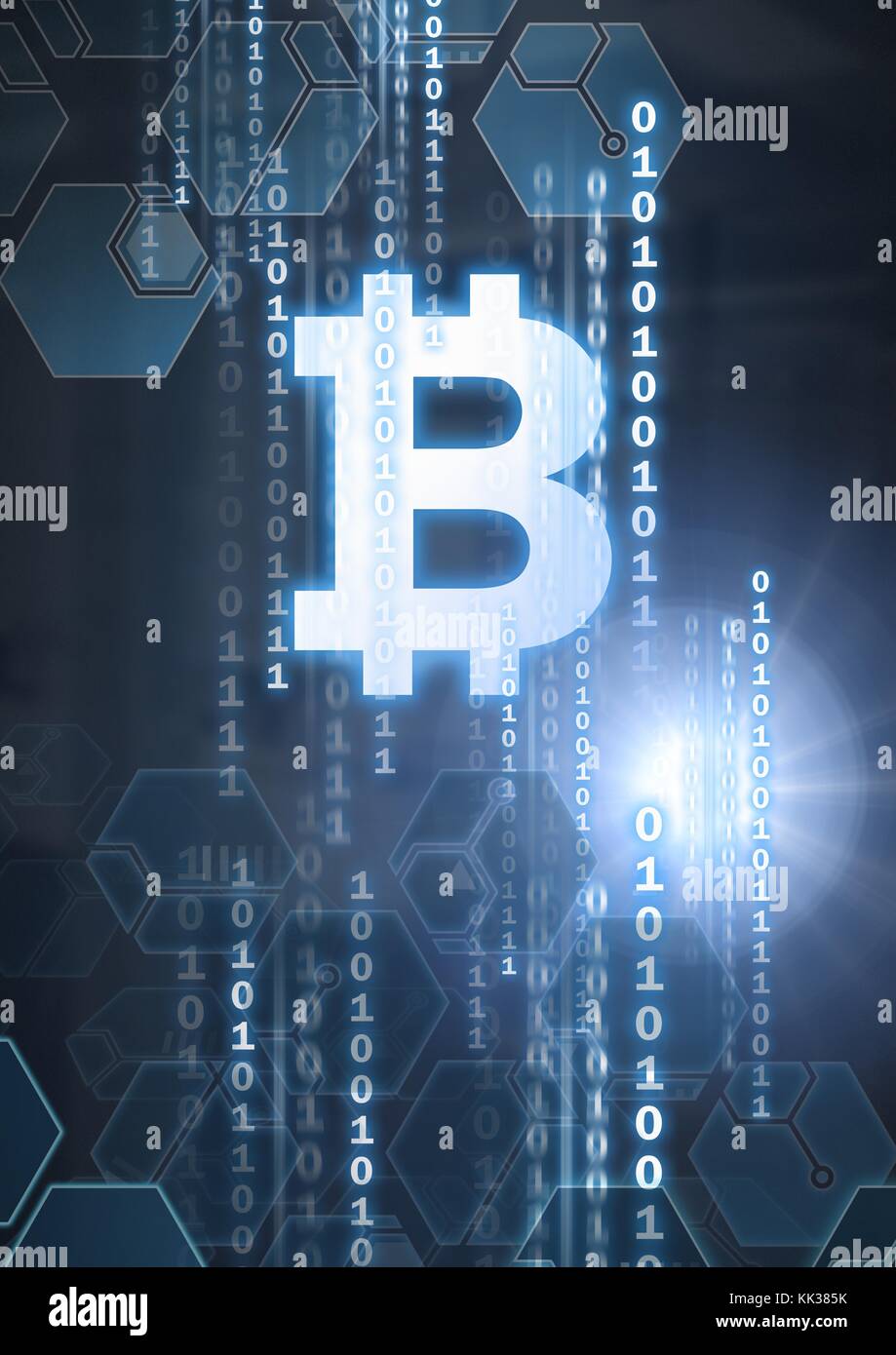 Digital composite of bitcoin graphic icon and binary code graphics ...