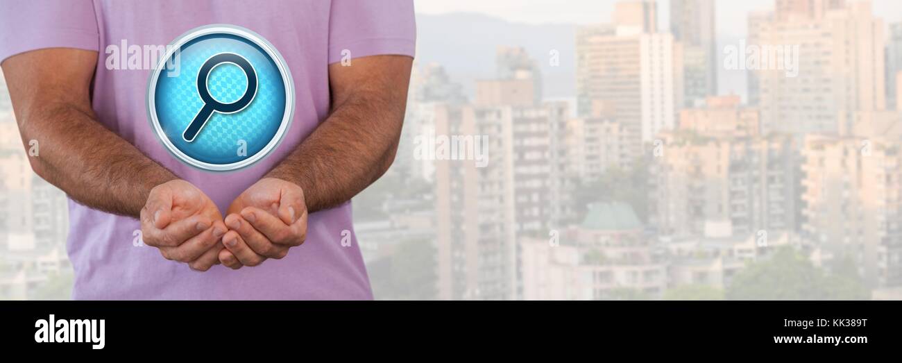 Digital composite of Magnifying glass search icon and man with hands ...