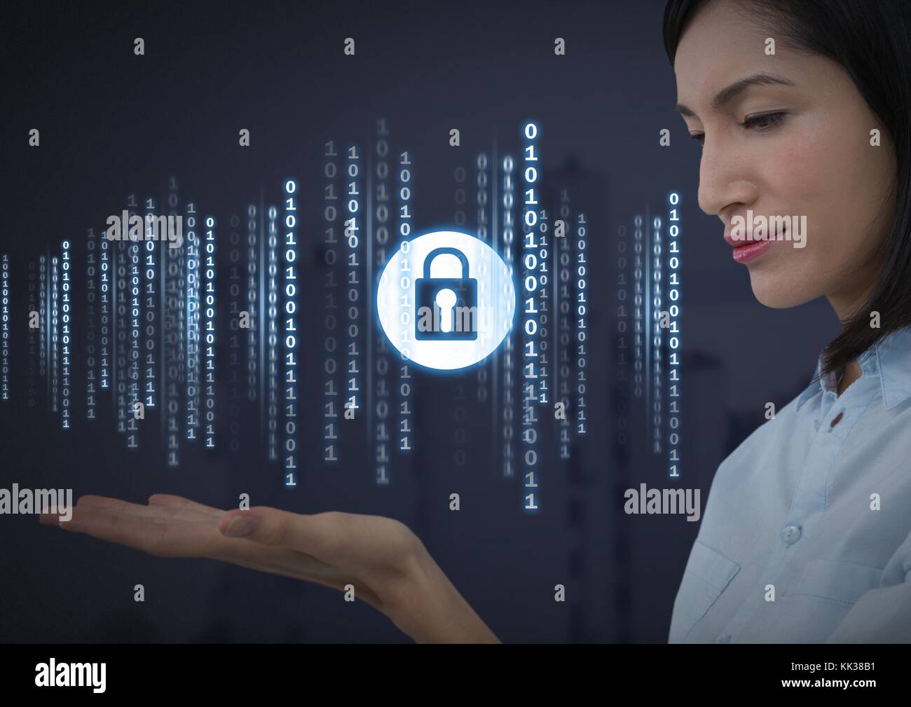 Digital composite of Businesswoman with hands palm open and security ...