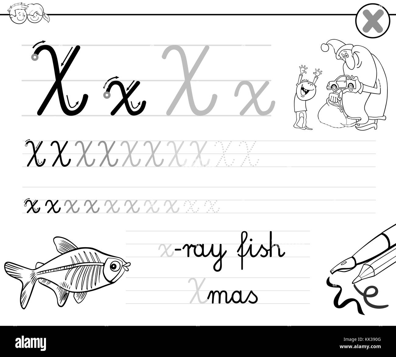 Black And White Cartoon Illustration Of Writing Skills Practice With