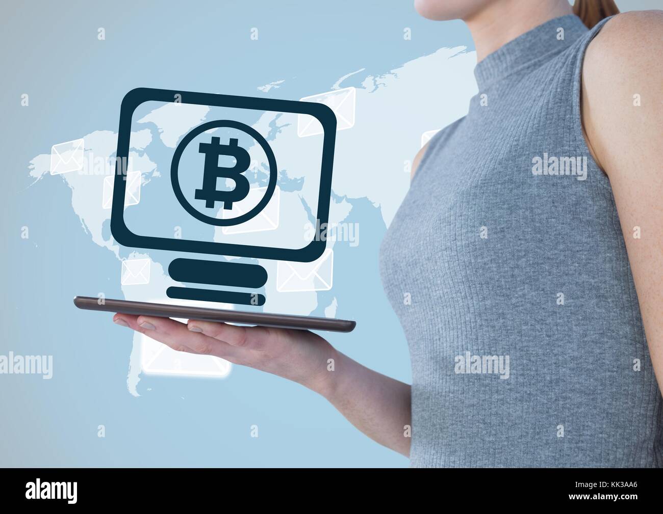 Digital composite of Bitcoin computer icon and woman with tablet Stock ...