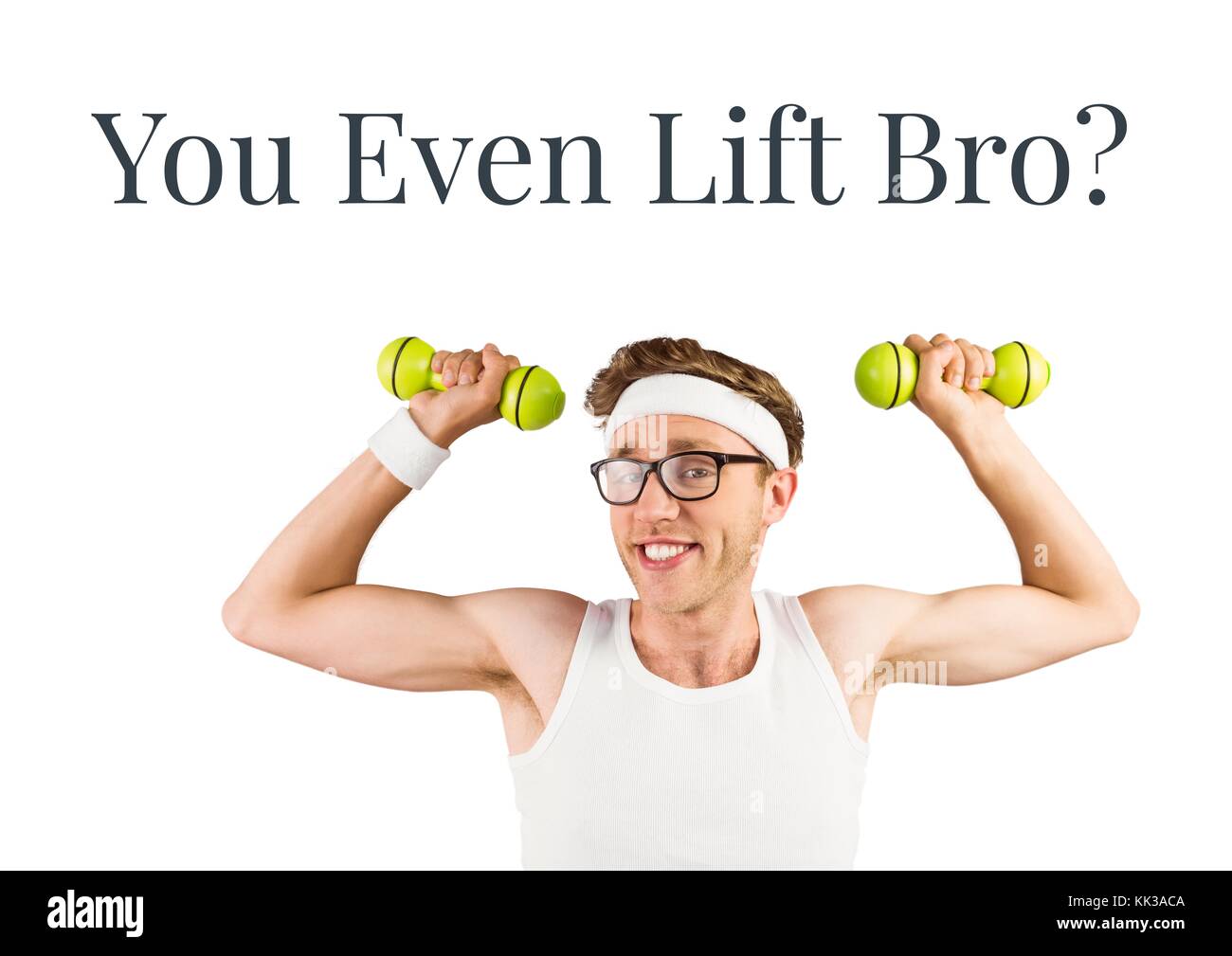om Resten Duftende Digital composite of You lift bro? text and nerd fitness man lifting  weights Stock Photo - Alamy