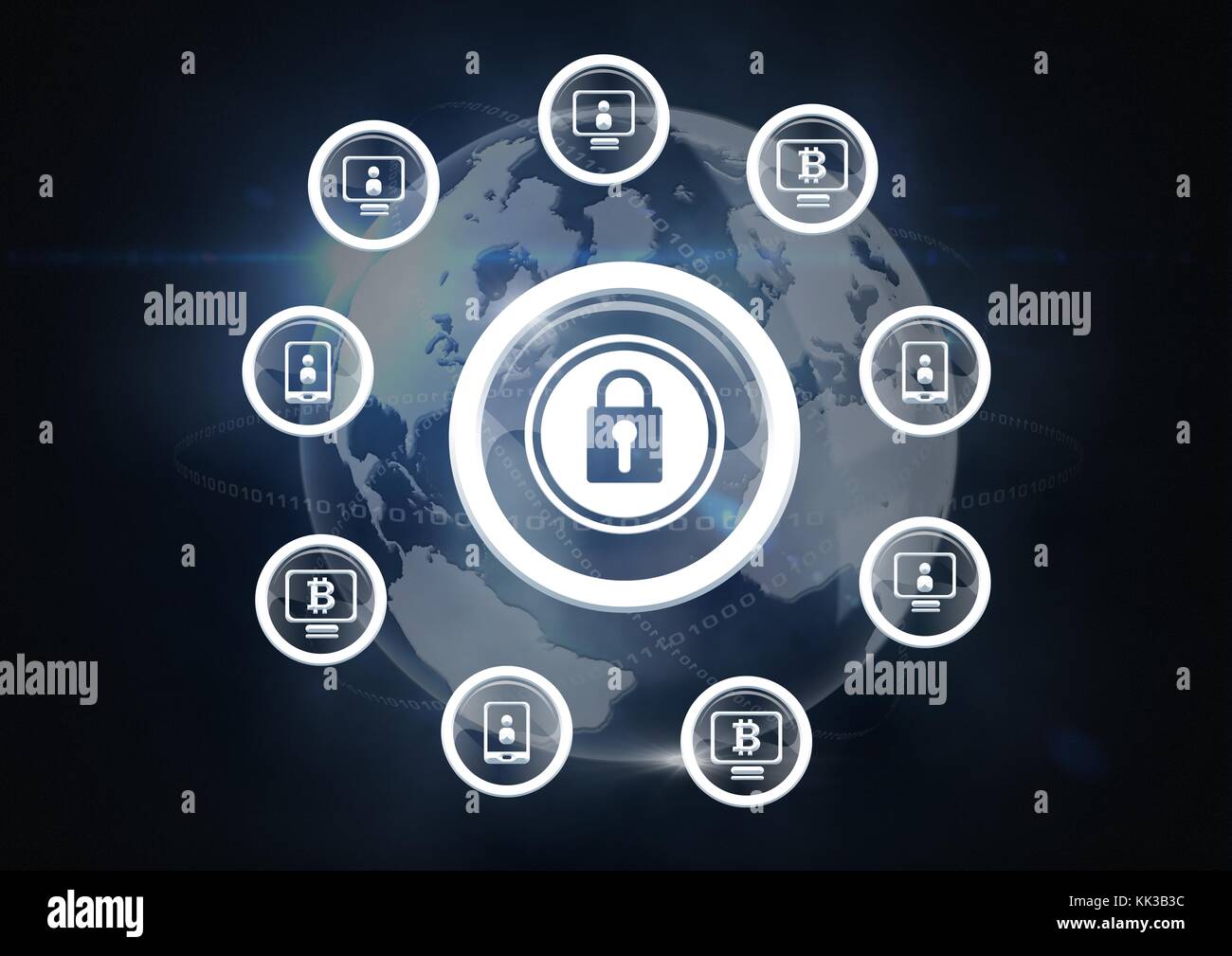 Digital composite of Security lock icon and device icons with world ...