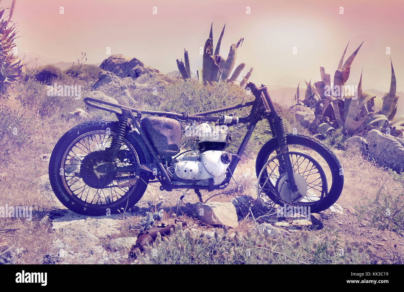 old motorcycle abandoned in a barren landscape Stock Photo - Alamy