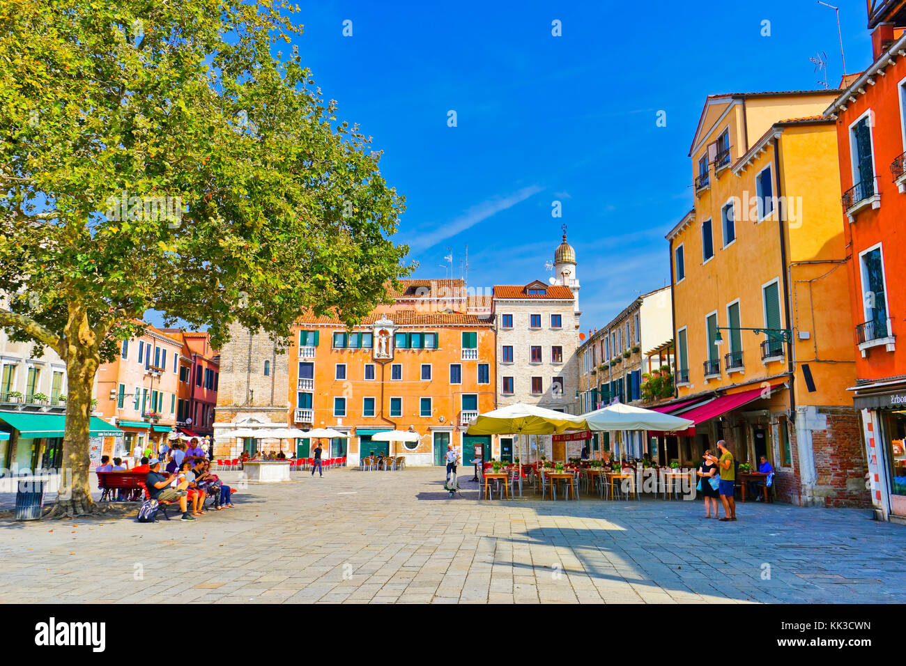 View of the colorful Venetian houses on the Santa Margherita Square in Venice on September 3, 2016. Stock Photo