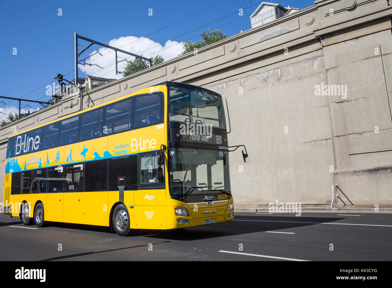 Yellow double decker Northern Beaches B Line bus buses were introduced in November 2017 between Sydney and Mona Vale,Australia Stock Photo