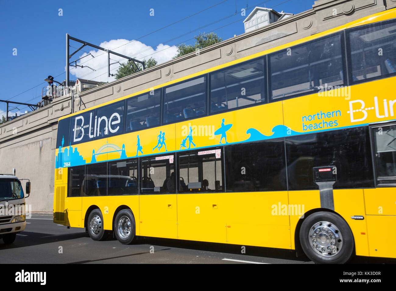 Yellow double decker Northern Beaches B Line bus buses were introduced in November 2017 between Sydney and Mona Vale,Australia Stock Photo