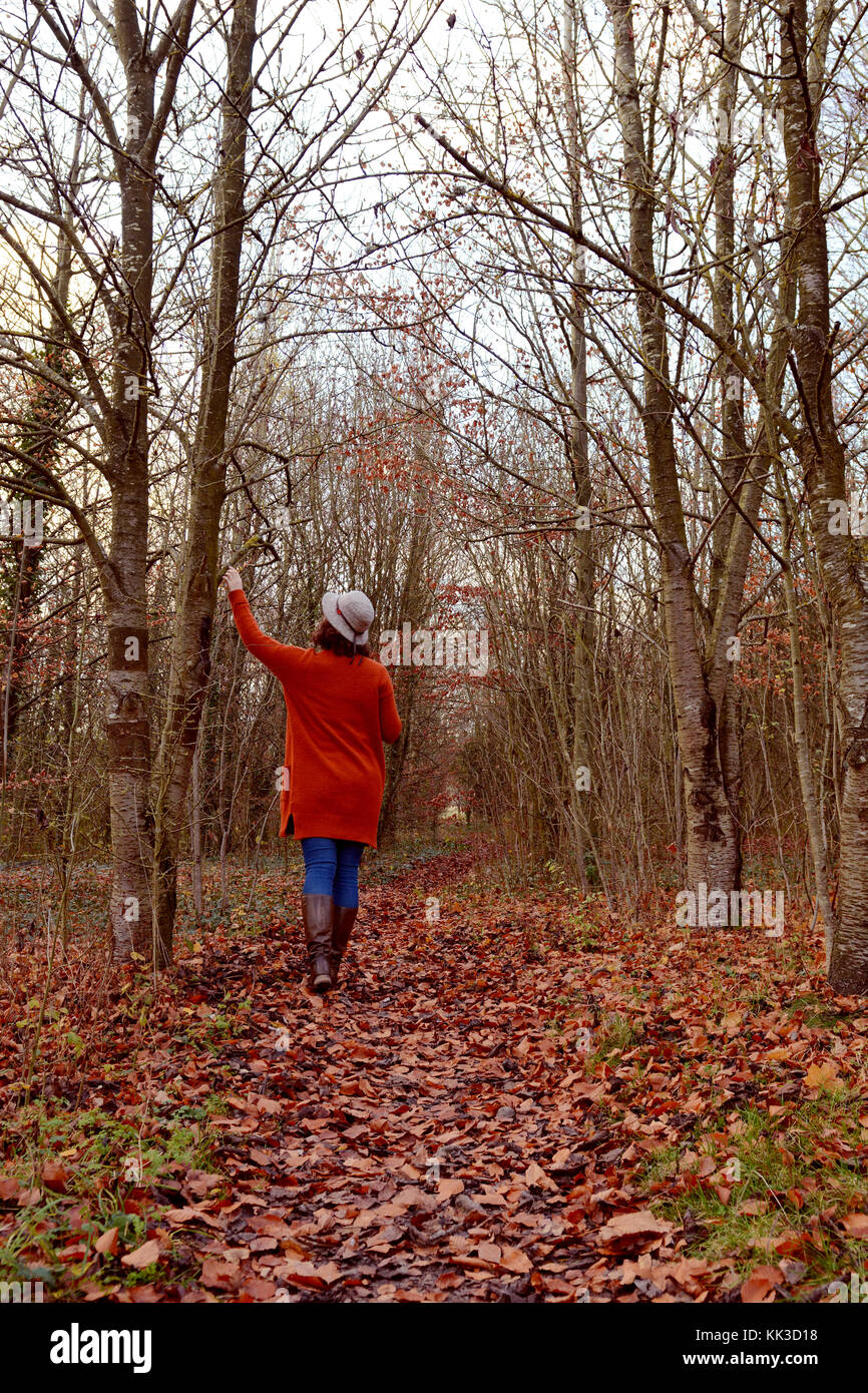 Woman walking down autumnal woodland path alone, dressed in warm clothes and hat, with knee-high boots. At one with nature, she reaches up to touch ba Stock Photo