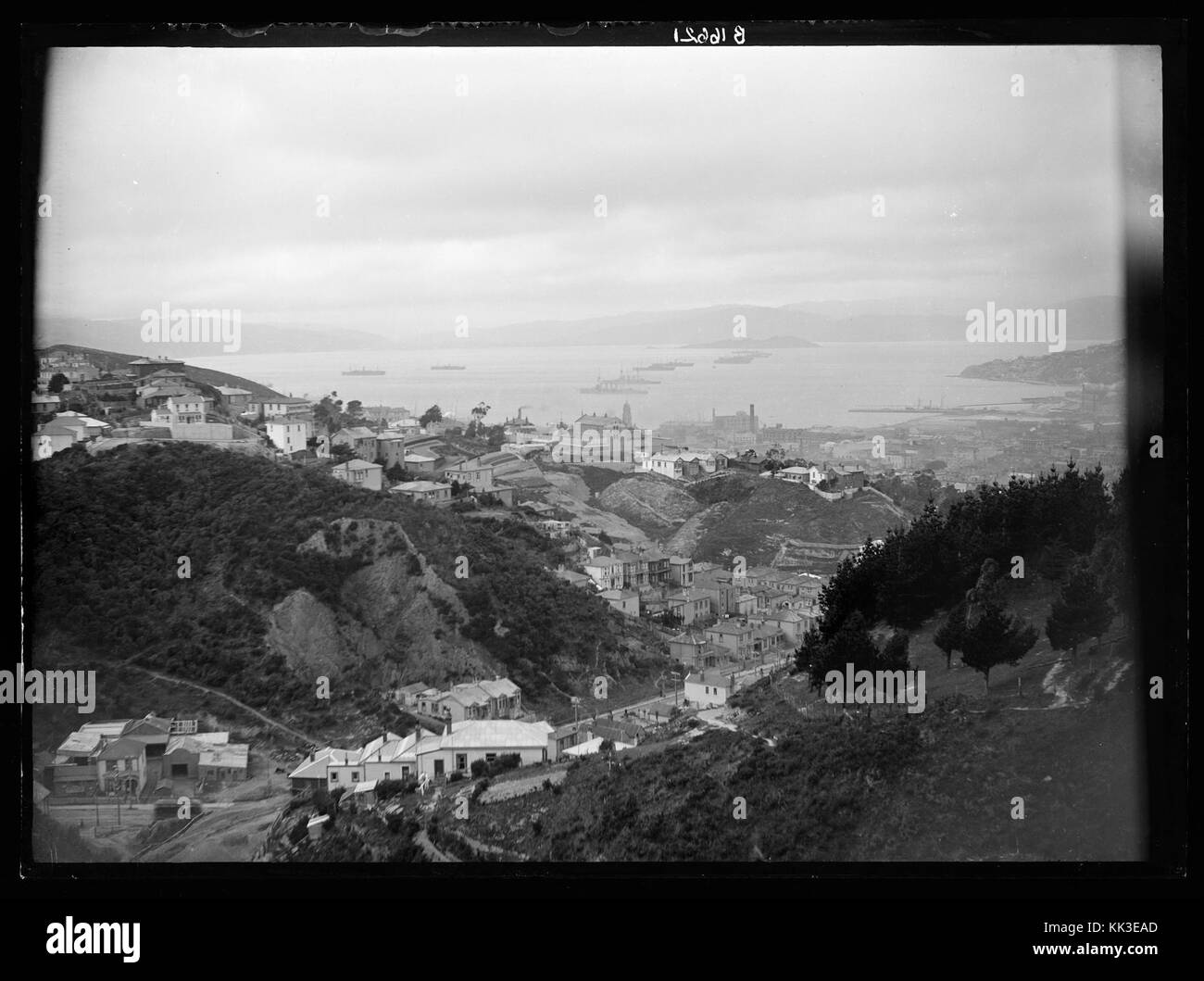 A photograph of Wellington Harbour in 1914, showing Japanese and New Zealand troopships during World War I, highlighting international military cooperation during the early stages of the war. Stock Photo