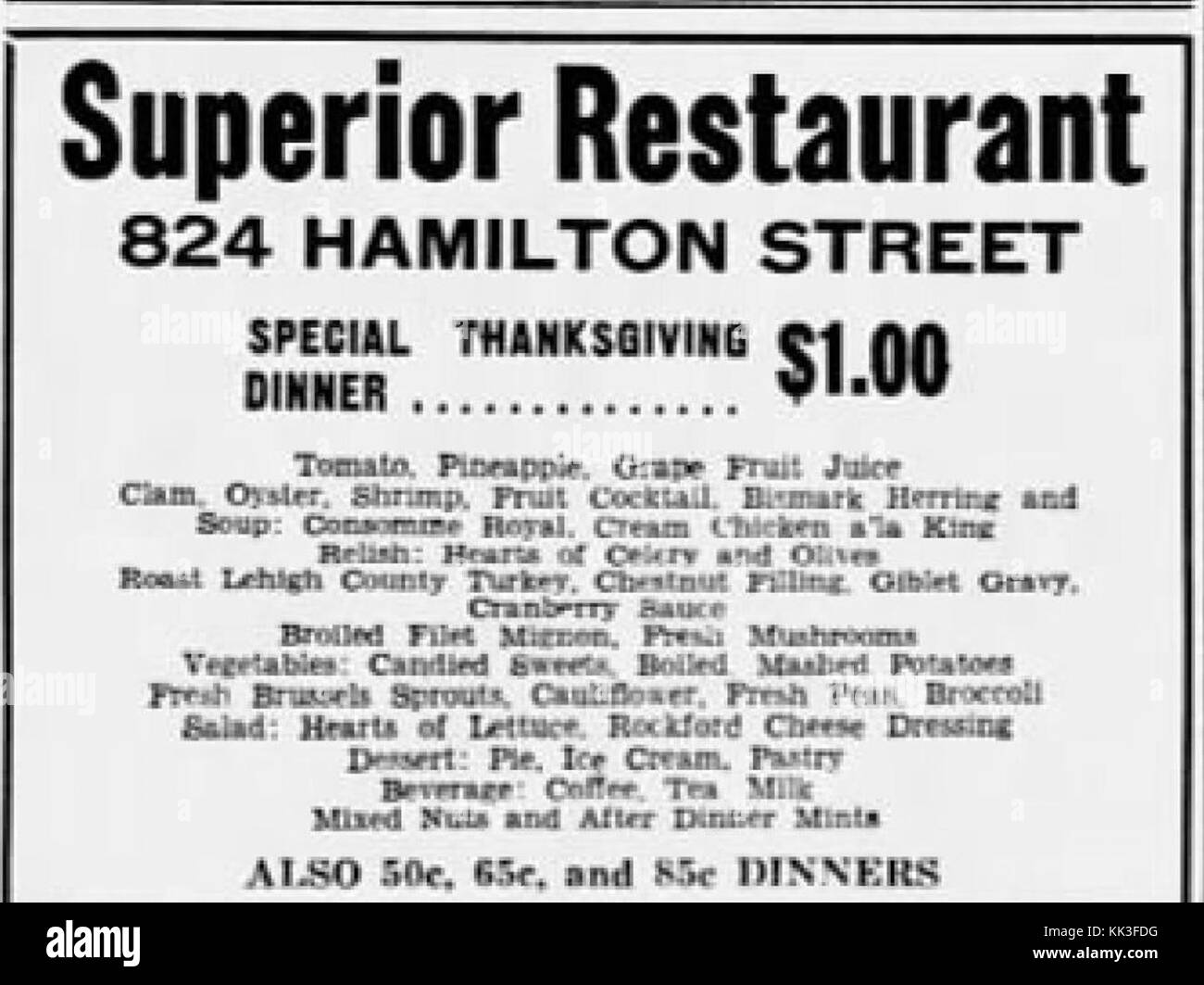 1938 Superior Restaurant 23 Nov MC Allentown PA Stock Photo - Alamy