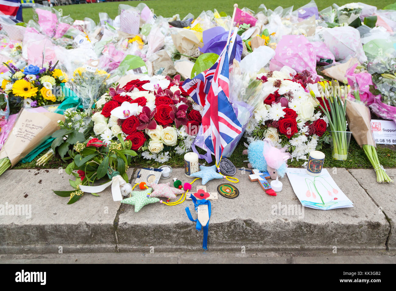 Floral tributes to the Westminster Bridge attack that took place on the 22nd March 2017, killing four people and leaving over fifty people injured. Stock Photo