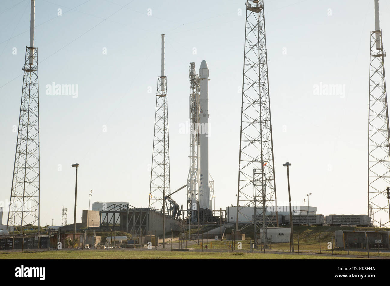 Dragon sits atop Falcon 9 in preparation for launch of the CRS-8 mission for NASA, Cape Canaveral, FL. Stock Photo