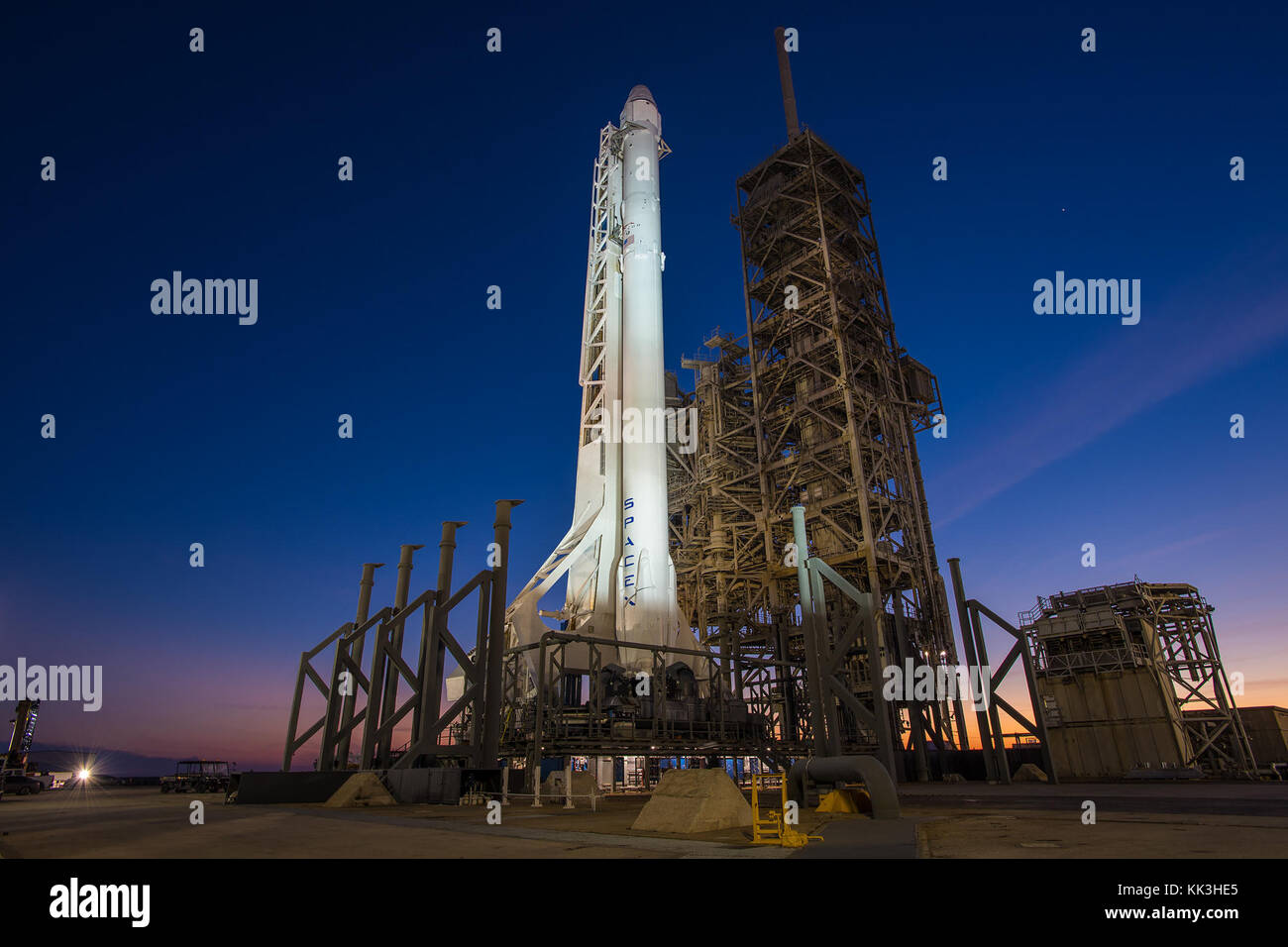 SpaceX’s Falcon 9 rocket and Dragon spacecraft launched from Launch Complex 40 at the Cape Canaveral Air Force Station, Florida, for their fourth official Commercial Resupply (CRS) mission to the orbiting lab on Sunday, September 21 at 1:52am EDT.  Dragon returned to Earth with a parachute-assisted splashdown off the coast of southern California on October 25. Dragon is the only operational spacecraft capable of returning a significant amount of supplies back to Earth, including experiments. Stock Photo