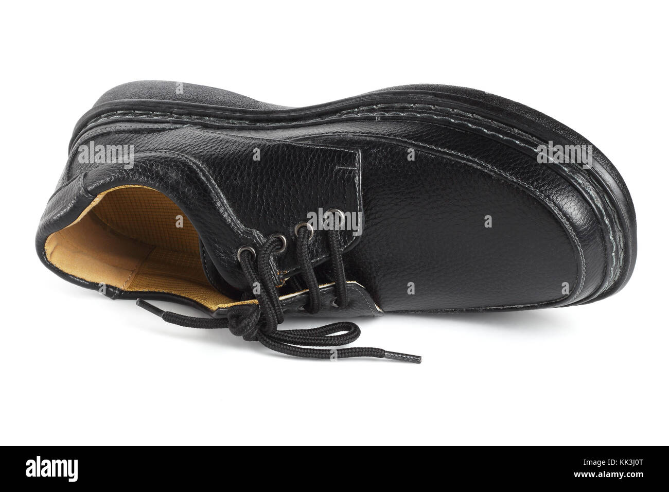 Black Leather Shoe Lying on White Background Stock Photo