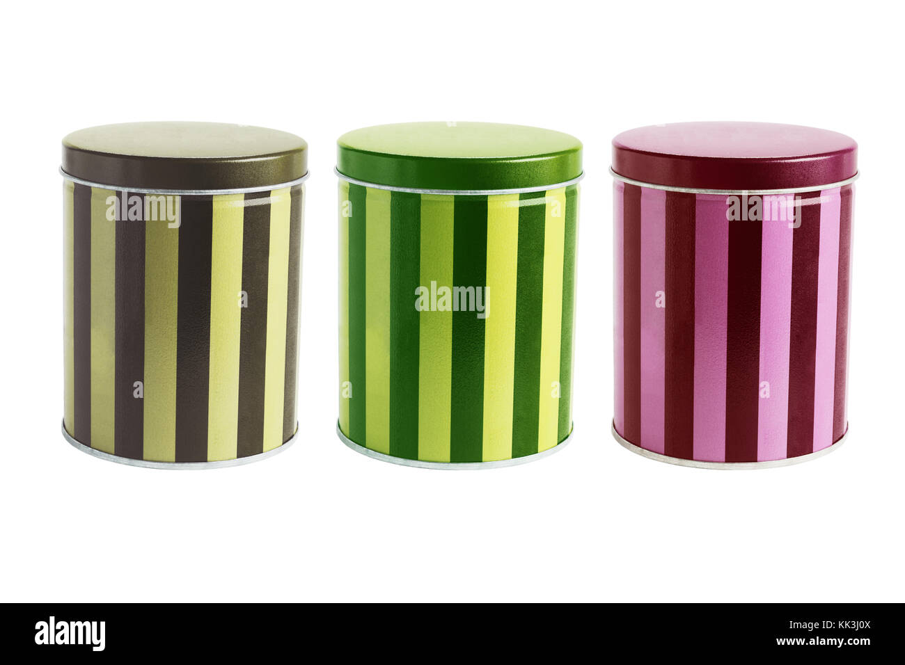 Colourful Metal Tin Cans on White Background Stock Photo