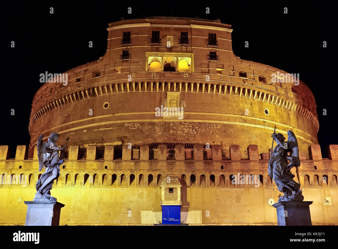 Castle of the Holy Angel, Holy Angel Castle Bridge, Mausoleum of Hadrian, National Museum. Illuminated, at night, low angle view. Rome, Europe, Italy Stock Photo
