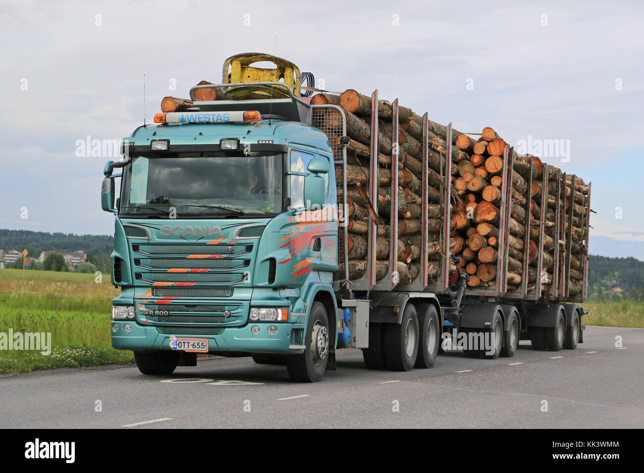 SALO, FINLAND JULY 10, 2015 Scania R500 logging truck with log load