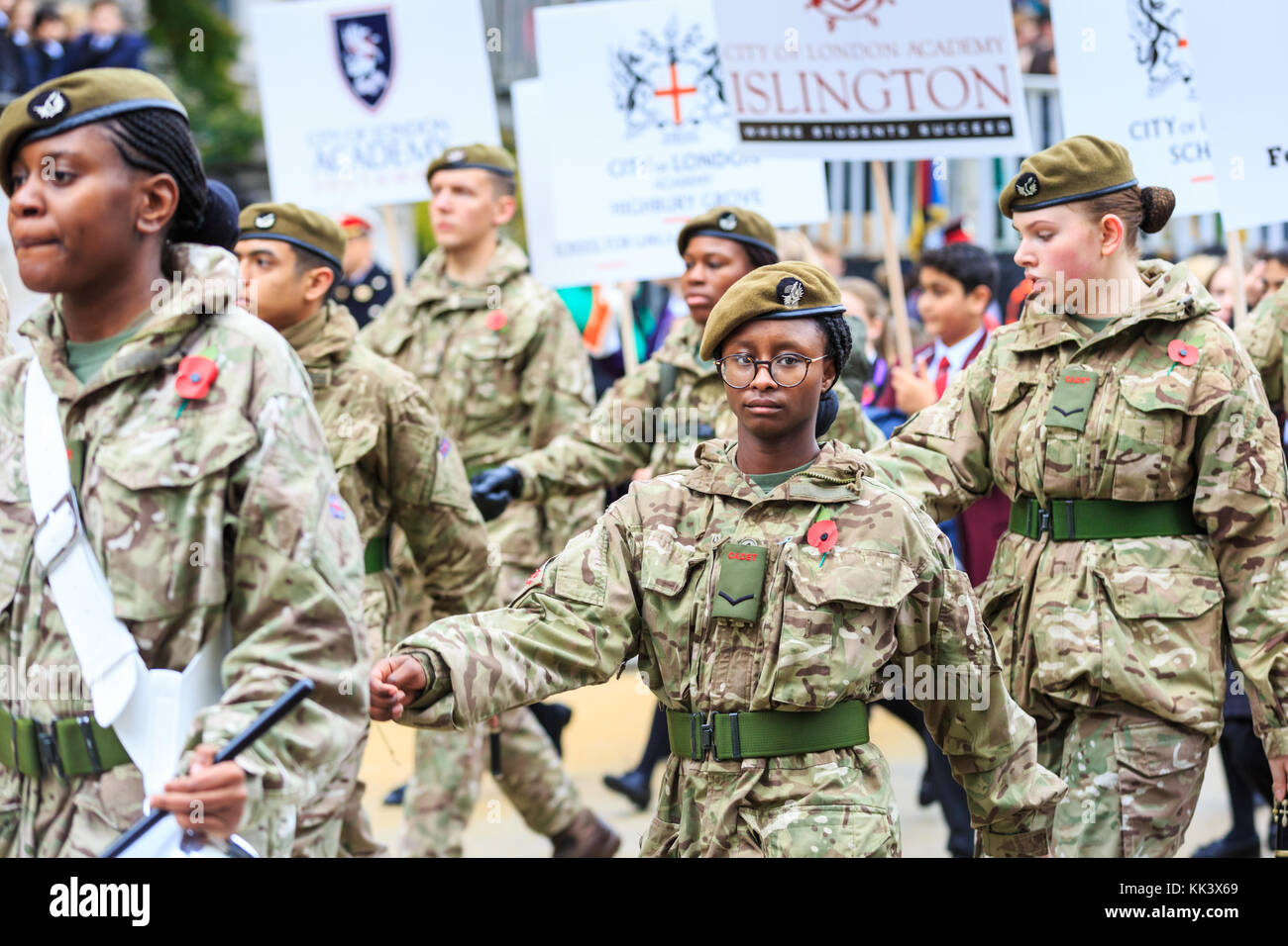 A young black female army cadet marches in combat uniform at the 2017 Lord Mayor's Show, London, United Kingdom Stock Photo