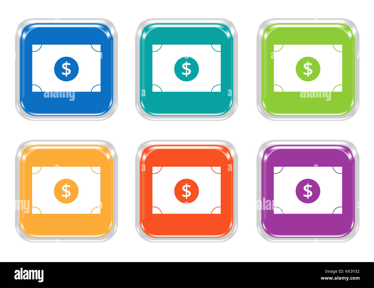 Set of rounded square colorful buttons with money symbol in blue, green ...