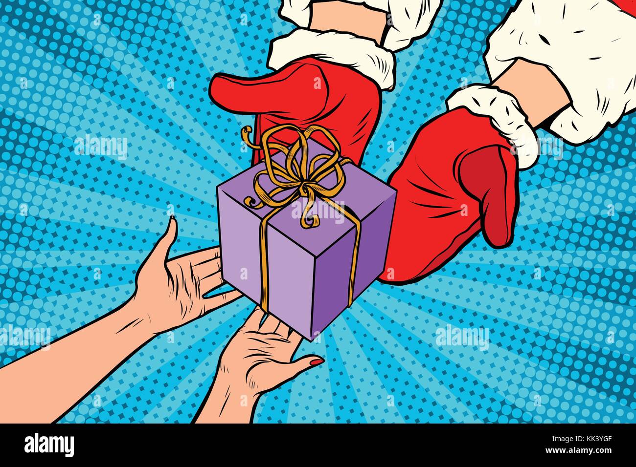 Santa Claus gives Christmas gift. Pop art retro vector illustration ...