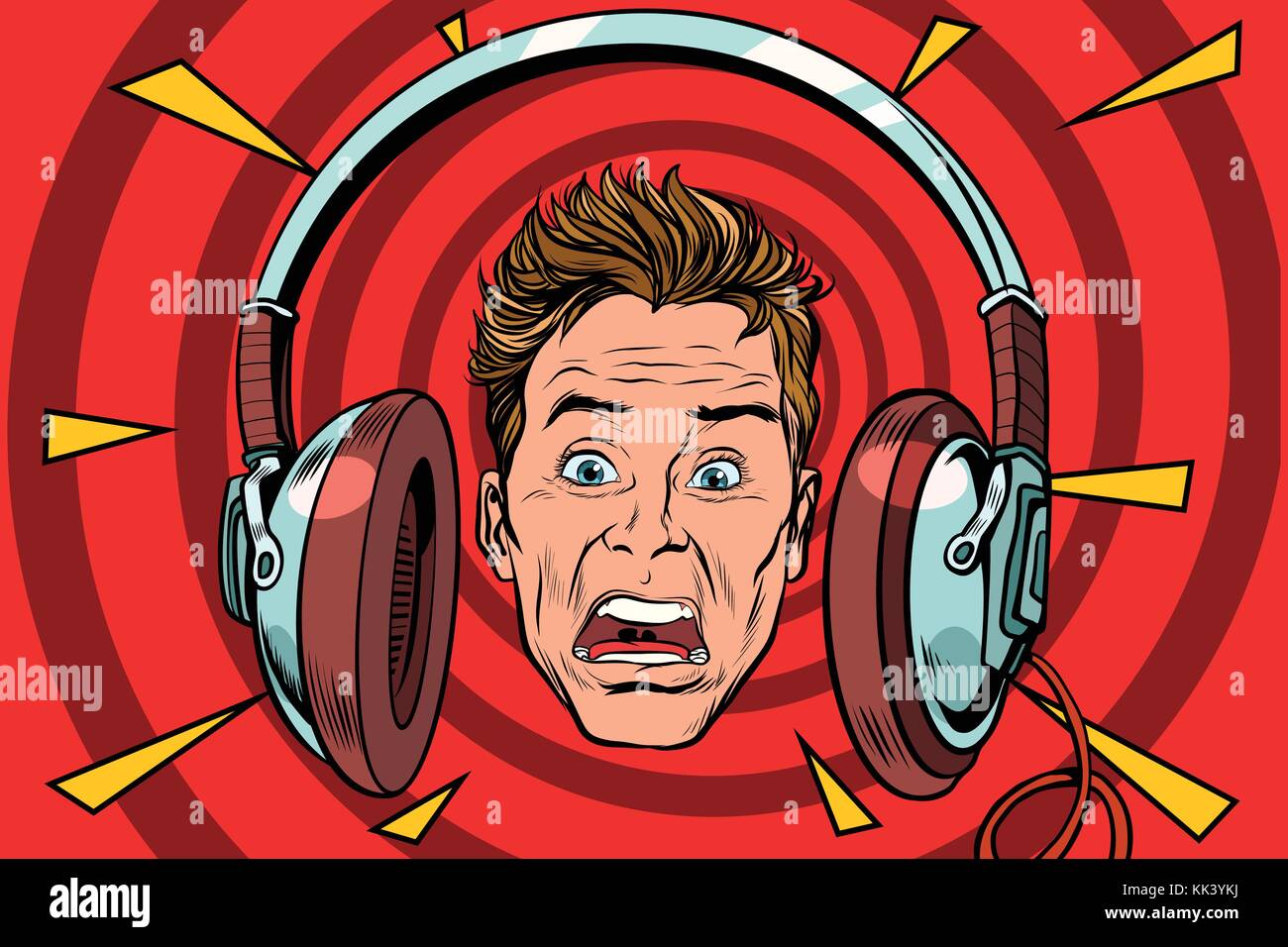 A scared man wearing headphones. Pop art retro vector illustration