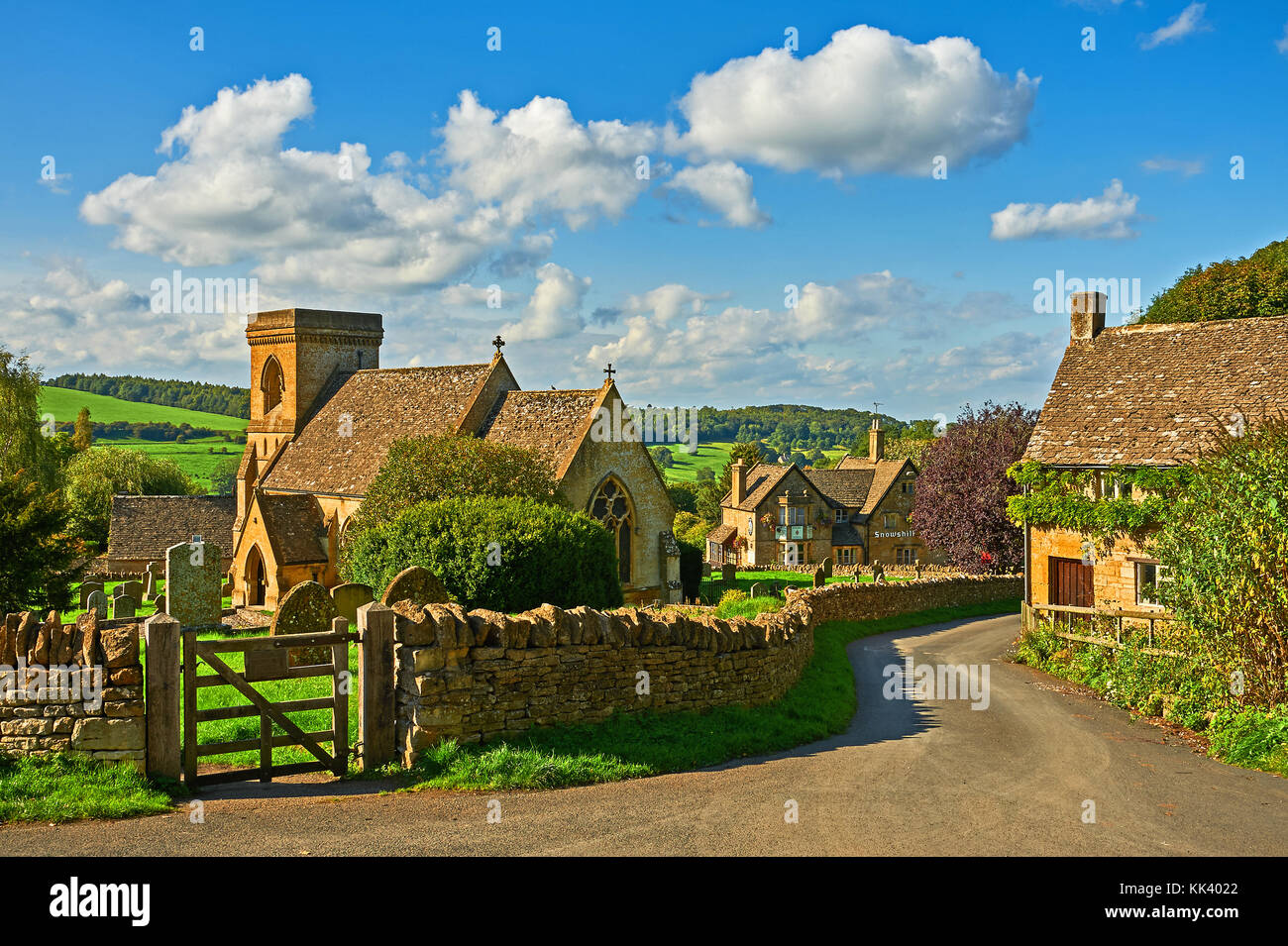 The small parish church of St Barnabus in the Cotswold village of Snowshill on a late summer afternoon Stock Photo