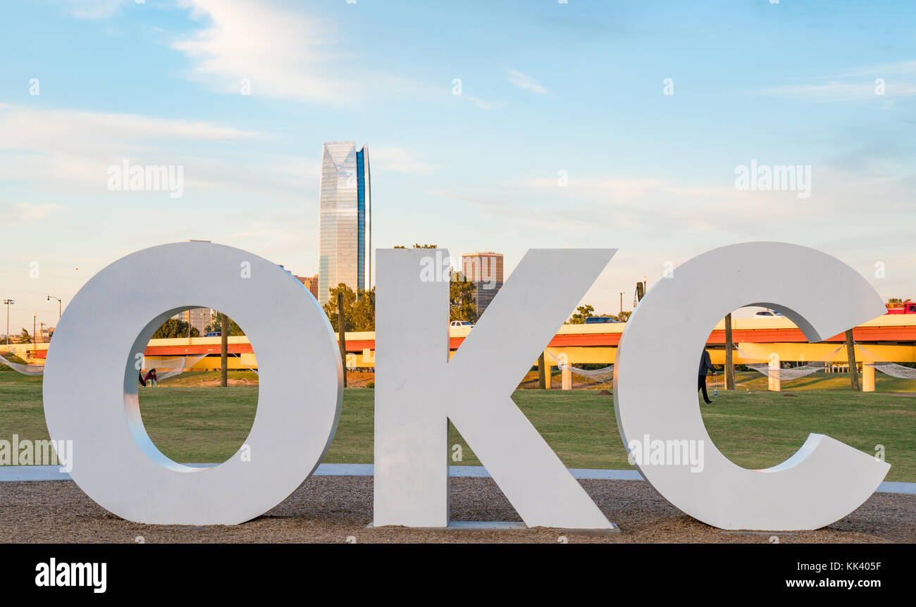 Skyline of Oklahoma City, OK with OKC sign Stock Photo