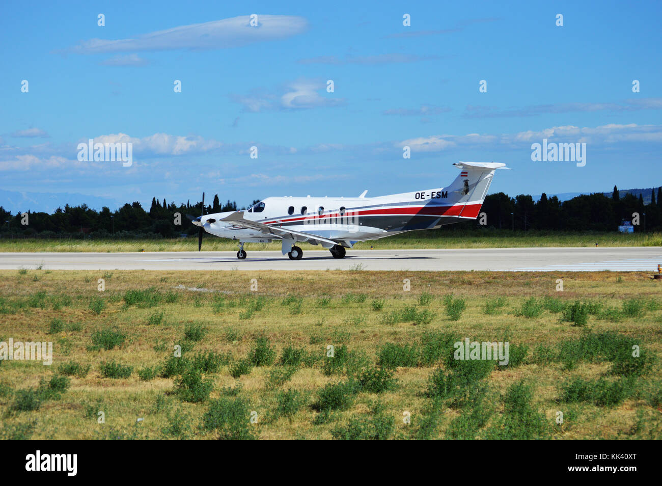 Pilatus PC12 ready for takeoff , Split airport RWY 05 Stock Photo