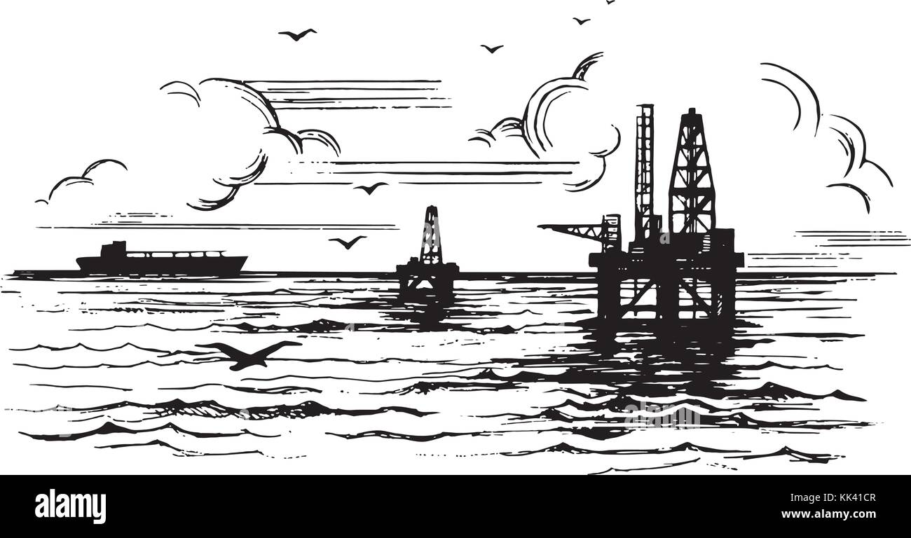 Oil platforms on the background of the sea Stock Vector