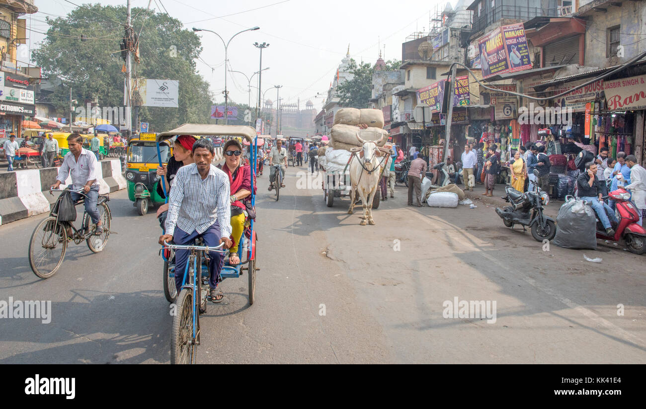 Transportation old and new on Chandni Chowk in Old Delhi, India. Stock Photo