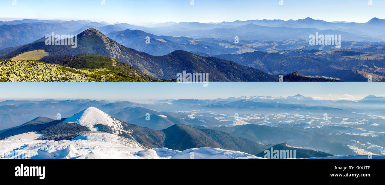 Mountain landscape in winter and in summer. Comparison of two seasons ...