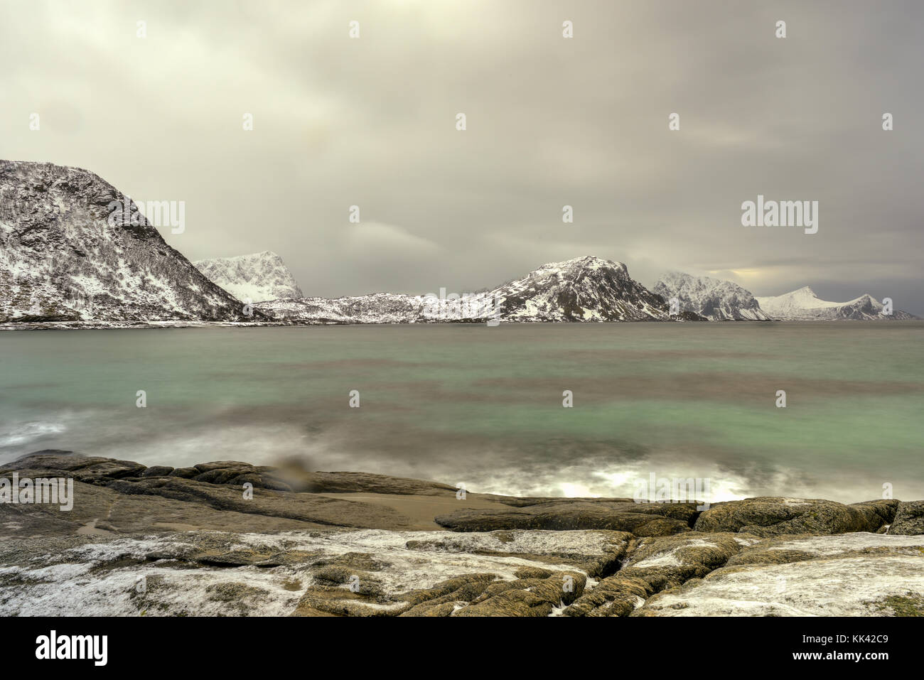 Haukland Beach in the Lofoten Islands, Norway in the winter at dusk ...