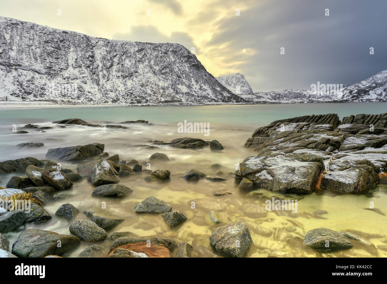 Haukland Beach in the Lofoten Islands, Norway in the winter at dusk ...