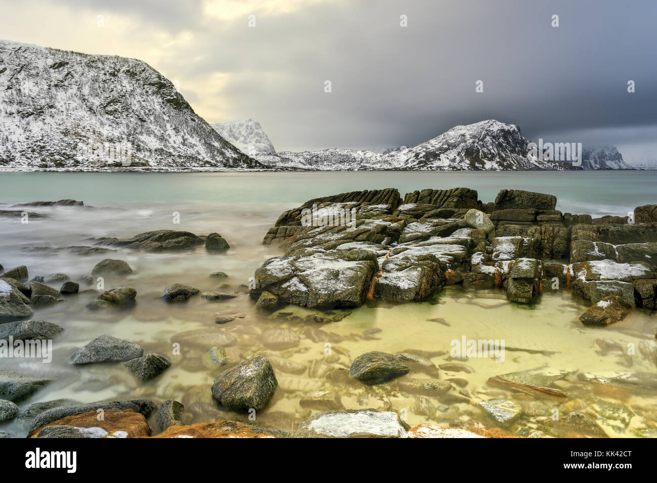 Haukland Beach in the Lofoten Islands, Norway in the winter at dusk ...
