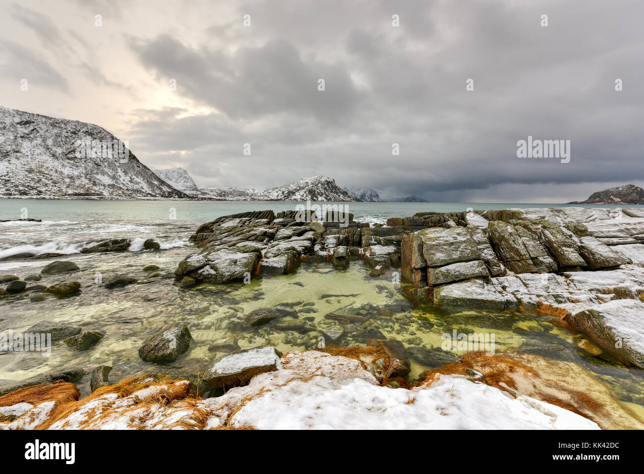 Haukland Beach in the Lofoten Islands, Norway in the winter at dusk ...