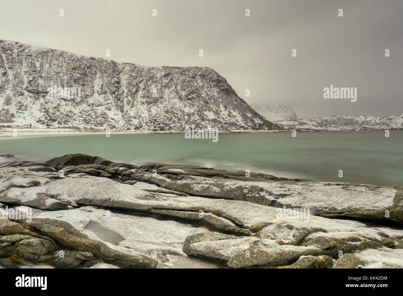 Haukland Beach in the Lofoten Islands, Norway in the winter at dusk ...