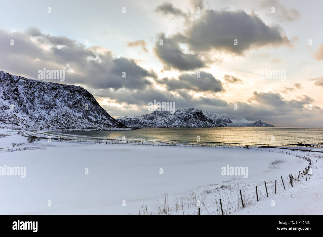 Haukland Beach in the Lofoten Islands, Norway in the winter at dusk ...