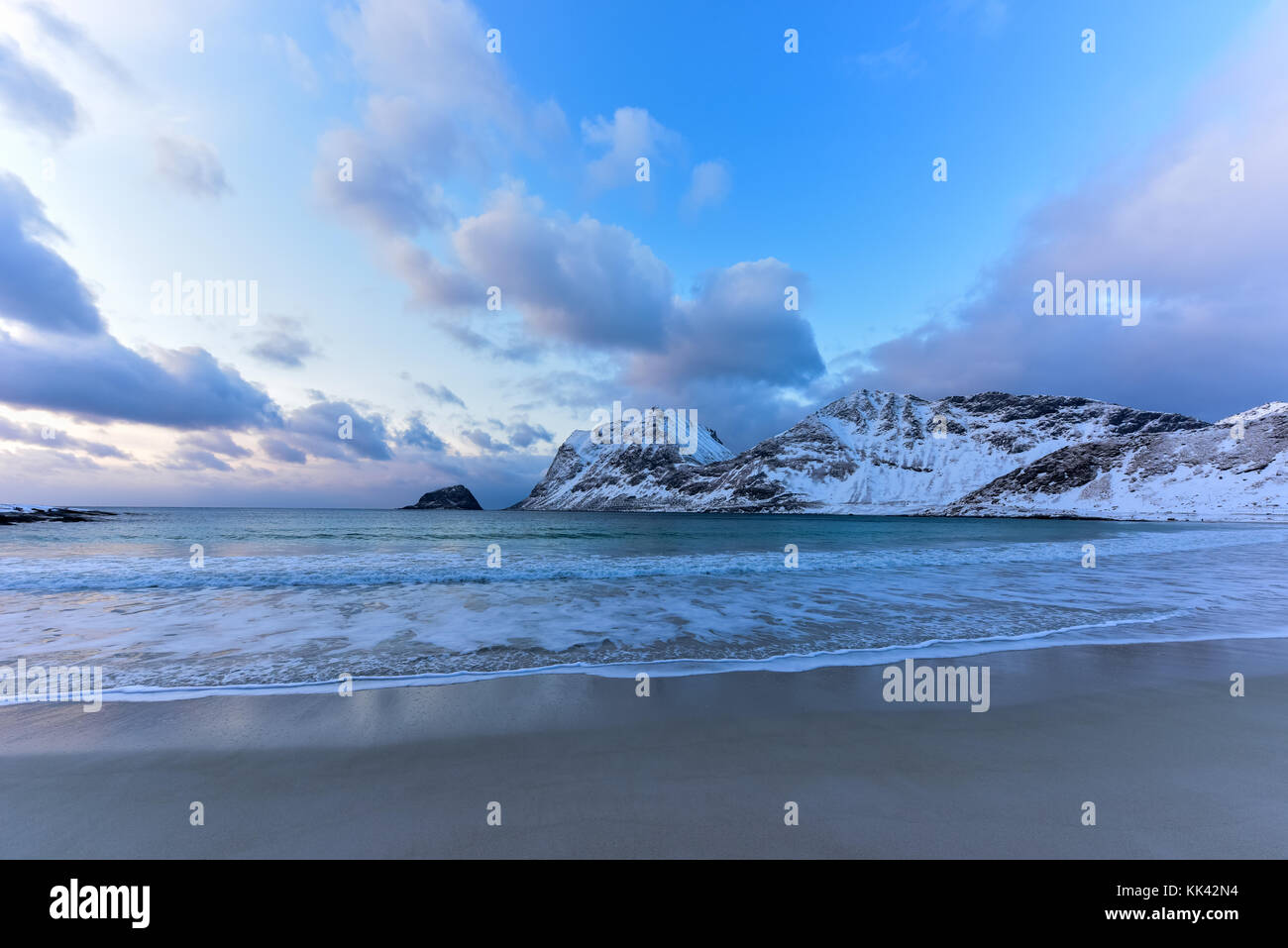 Haukland Beach in the Lofoten Islands, Norway in the winter at dusk ...