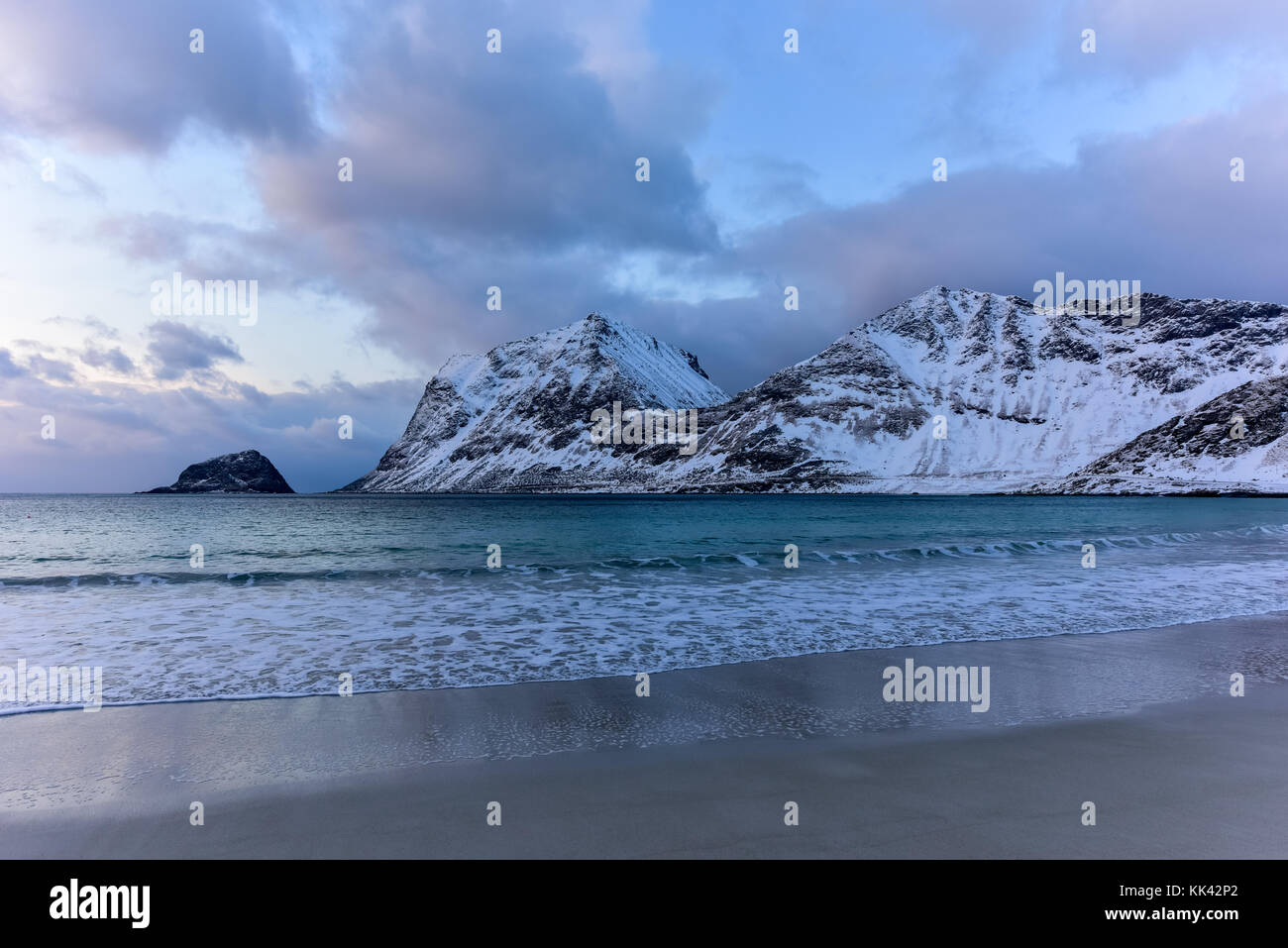 Haukland Beach in the Lofoten Islands, Norway in the winter at dusk ...