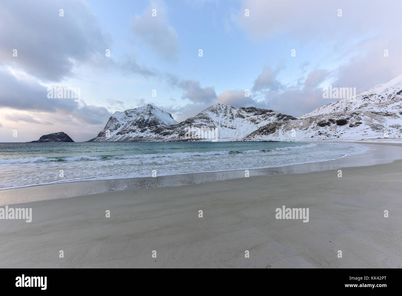 Haukland Beach in the Lofoten Islands, Norway in the winter at dusk ...